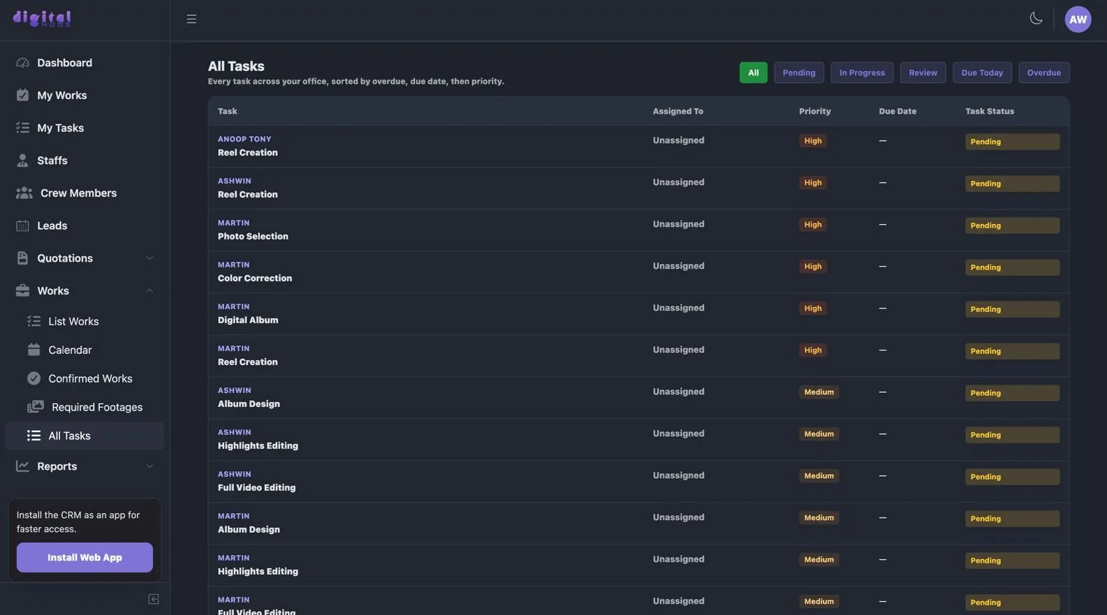 DigitalHugs task management view