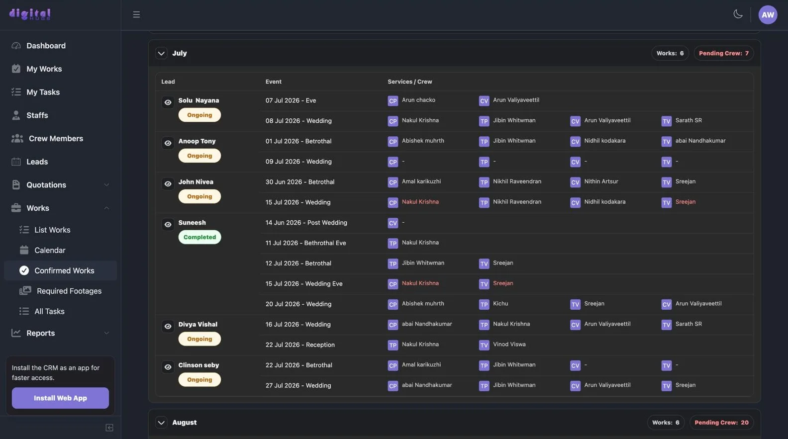 DigitalHugs confirmed works and crew scheduling view